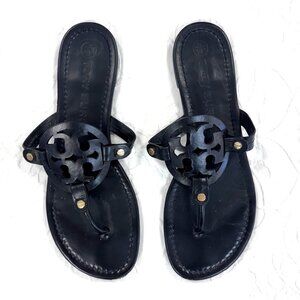 Tory Burch Black Leather Sandals Flip Flops Gold Tone Rivets Size 9M